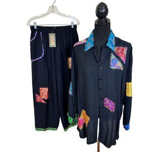 Sacred Threads Black Patchwork Shirt & Pants Set Medium NWT Rayon Art to Wear